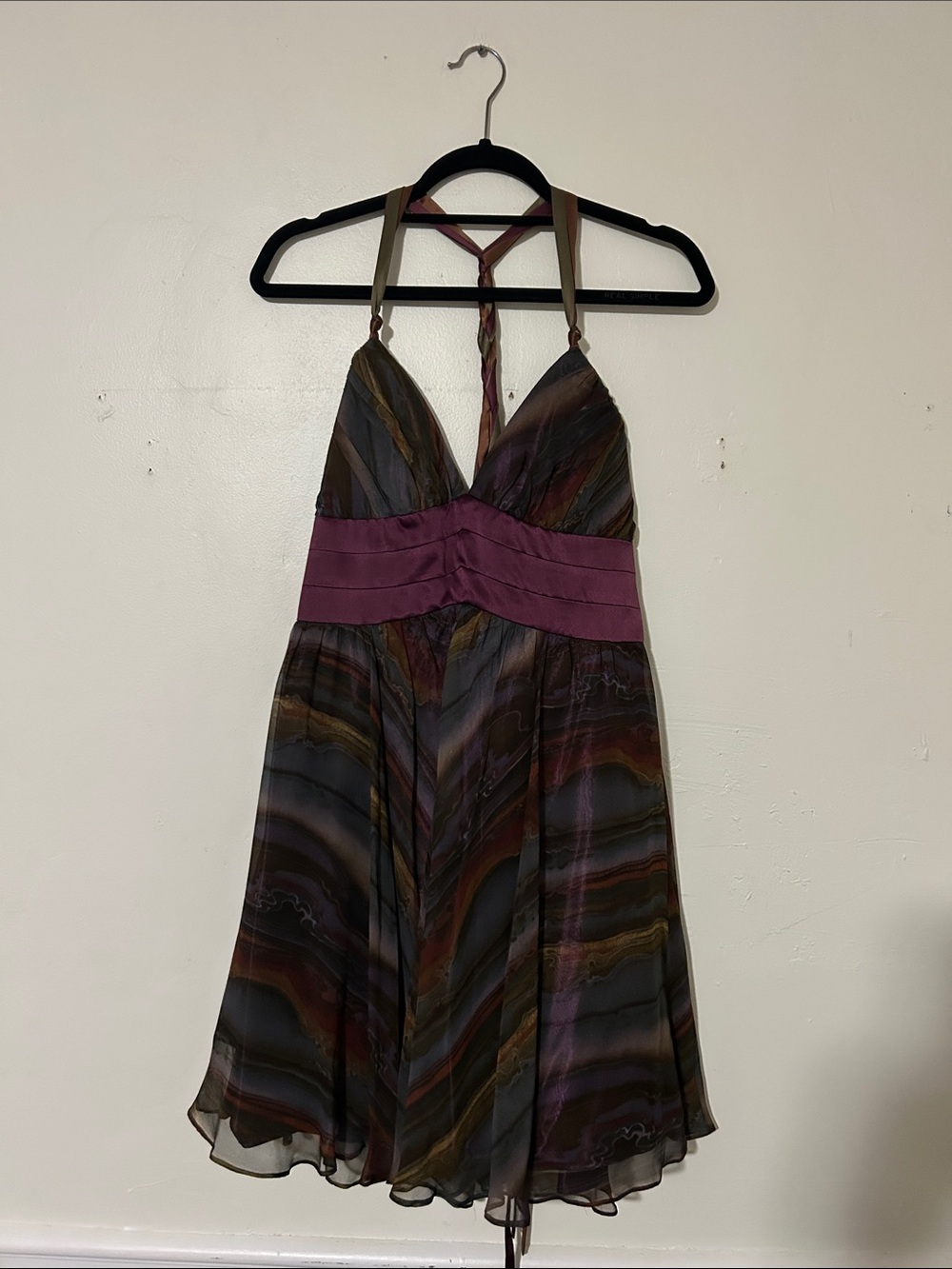 LaRok Multicolor Halter Mini Dress with Plum Waistband